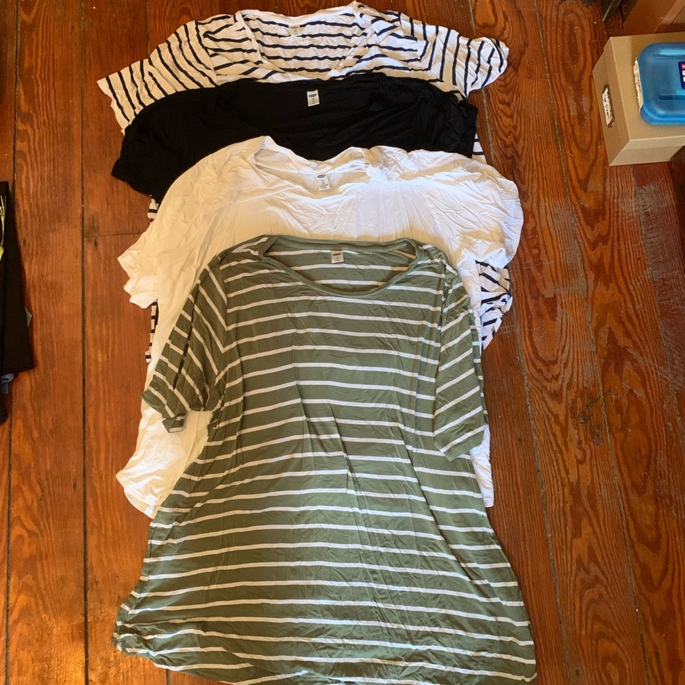 BUNDLE- Old Navy Luxe Tees 3X White, Navy Striped, Black, Green Striped
